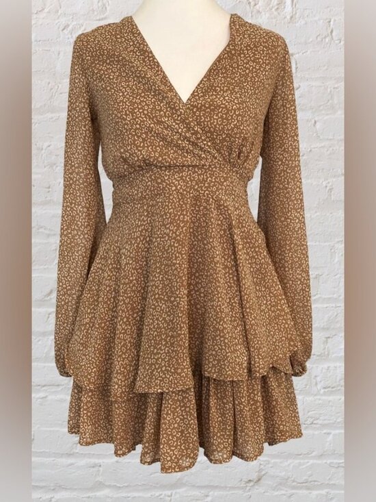 Dresses & Skirts - Brown Long Sleeve Mini Dress S Lightweight Boho Chic Cottagecore Peasant